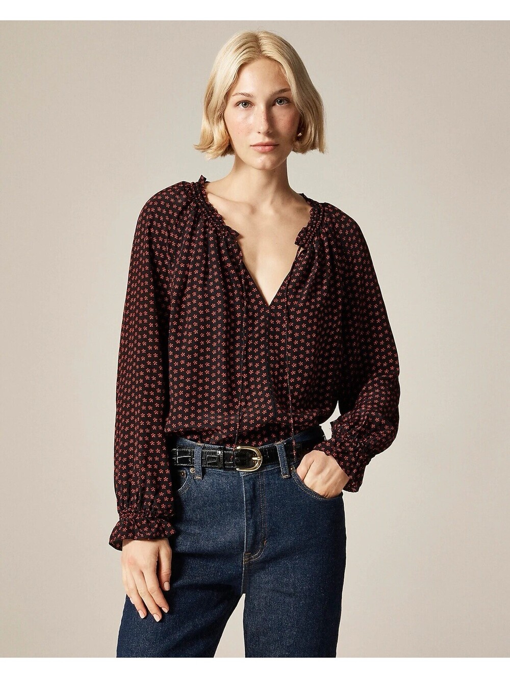 J.CREW NWOT Women’s Ditsy Floral Crepe de Chine Popover Top in Black-Small
